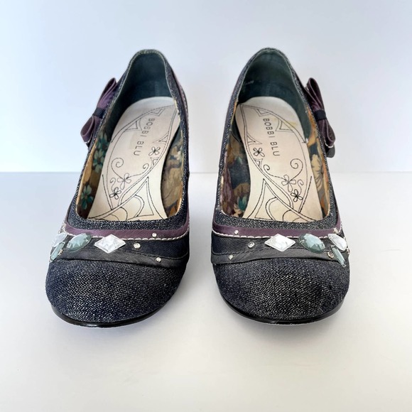 Bobbi Blu | Women's Delicate Blue Denim Pumps Bow Gems Detail Block Heel | sz 8 - Picture 4 of 8
